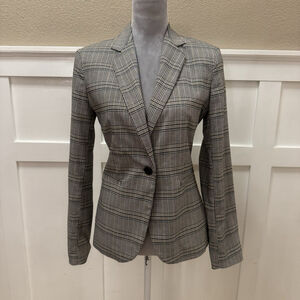 New Zara Check Plaid Blazer Size:6 Gray Brown 1 Button Vent Pockets